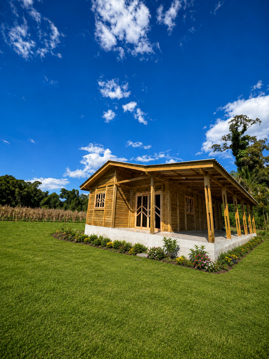 Casa de madeira em campo aberto com jardim, varanda e ceu azul