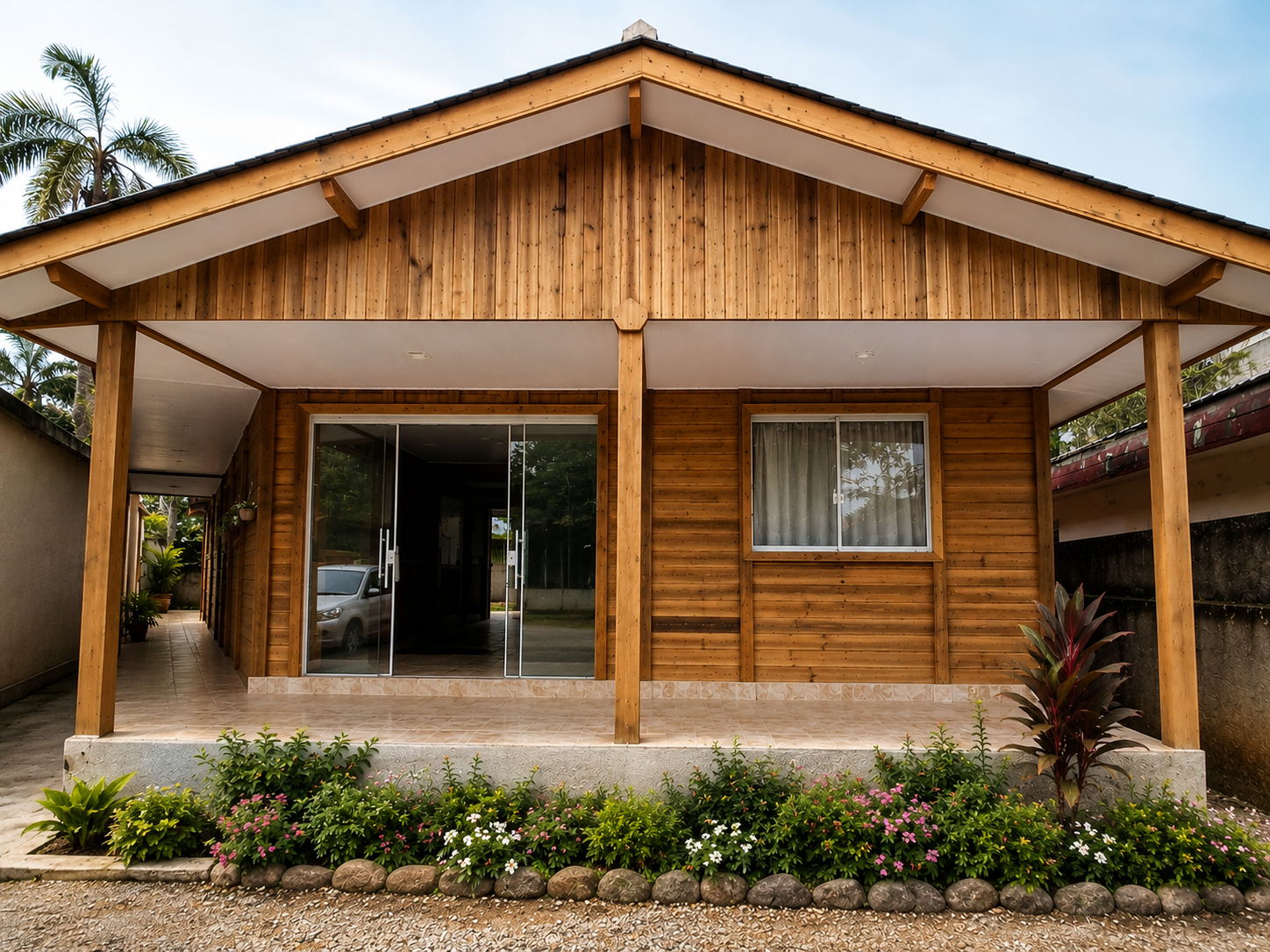 Fachada frontal de casa de madeira com varanda, vidro e paisagismo