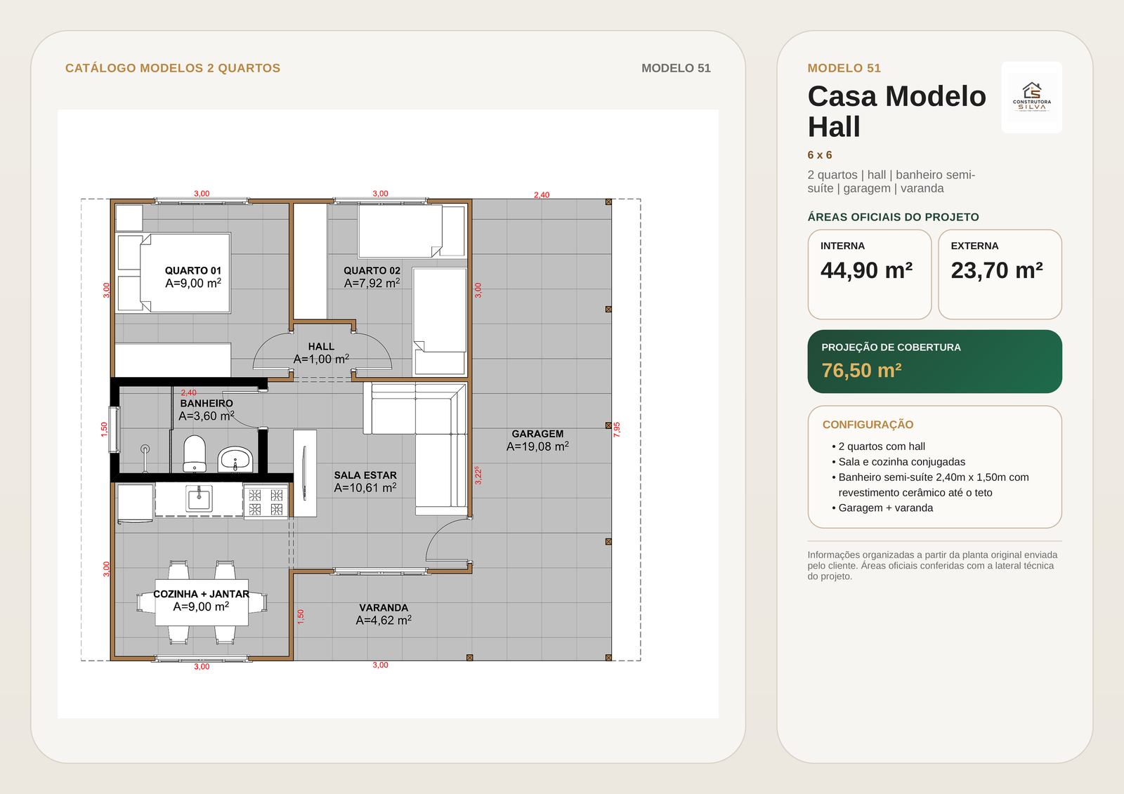 Casa com 2 Quartos, Modelo 51, 6 por 6
