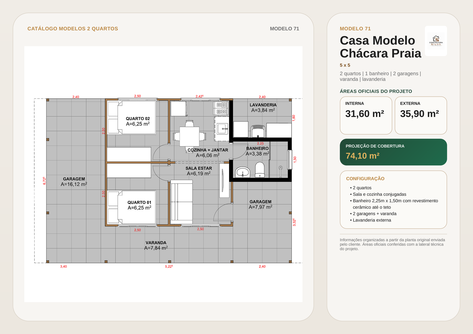 Casa com 2 Quartos, Modelo 71, 5 por 5