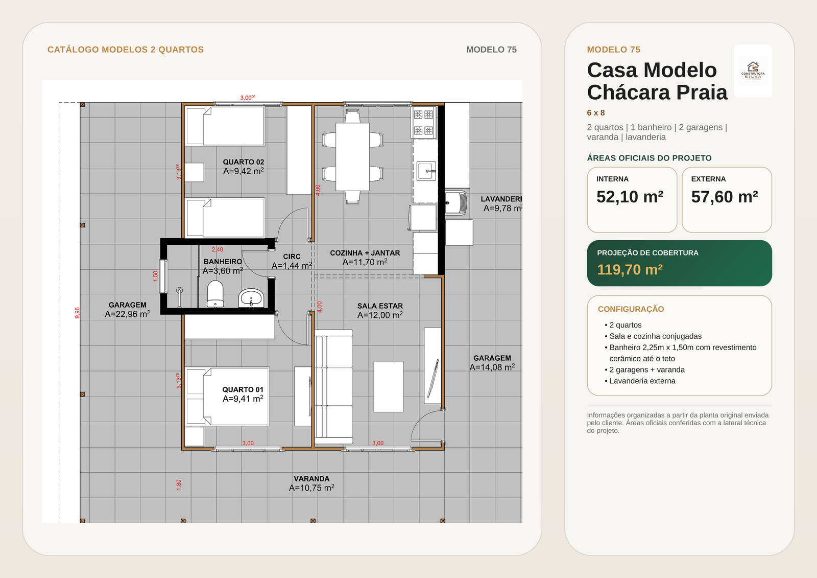 Casa com 2 Quartos, Modelo 75, 6 por 8
