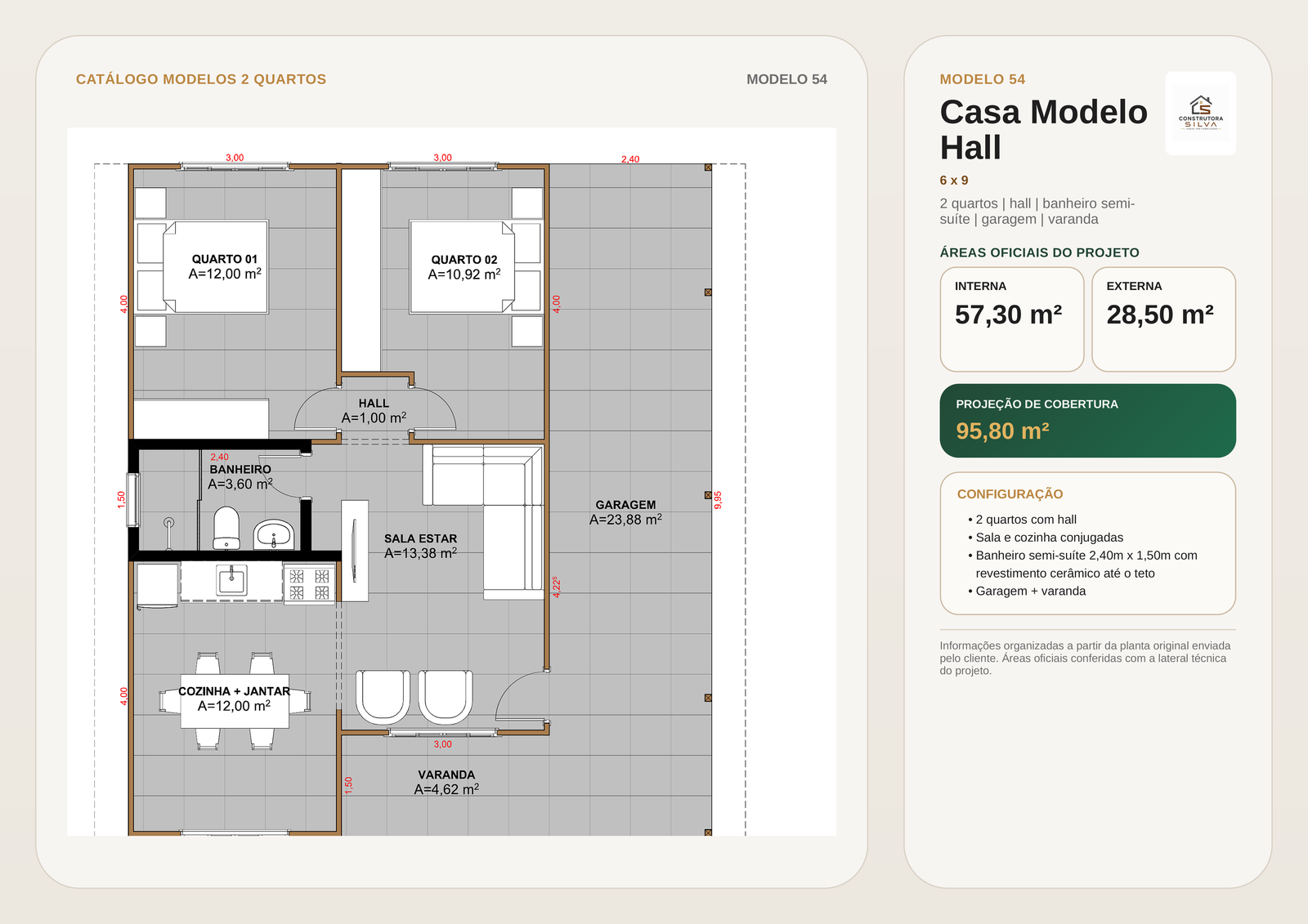 Casa com 2 Quartos, Modelo 54, 6 por 9