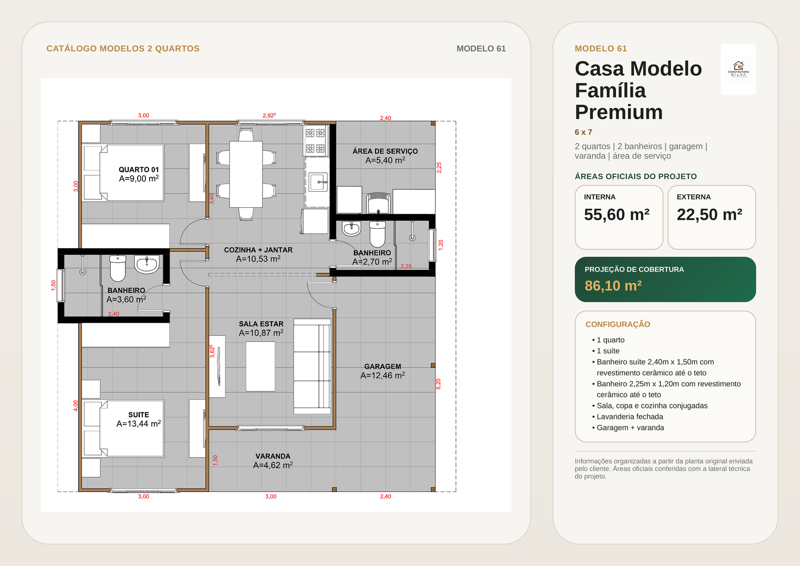 Casa com 2 Quartos, Modelo 61, 6 por 7