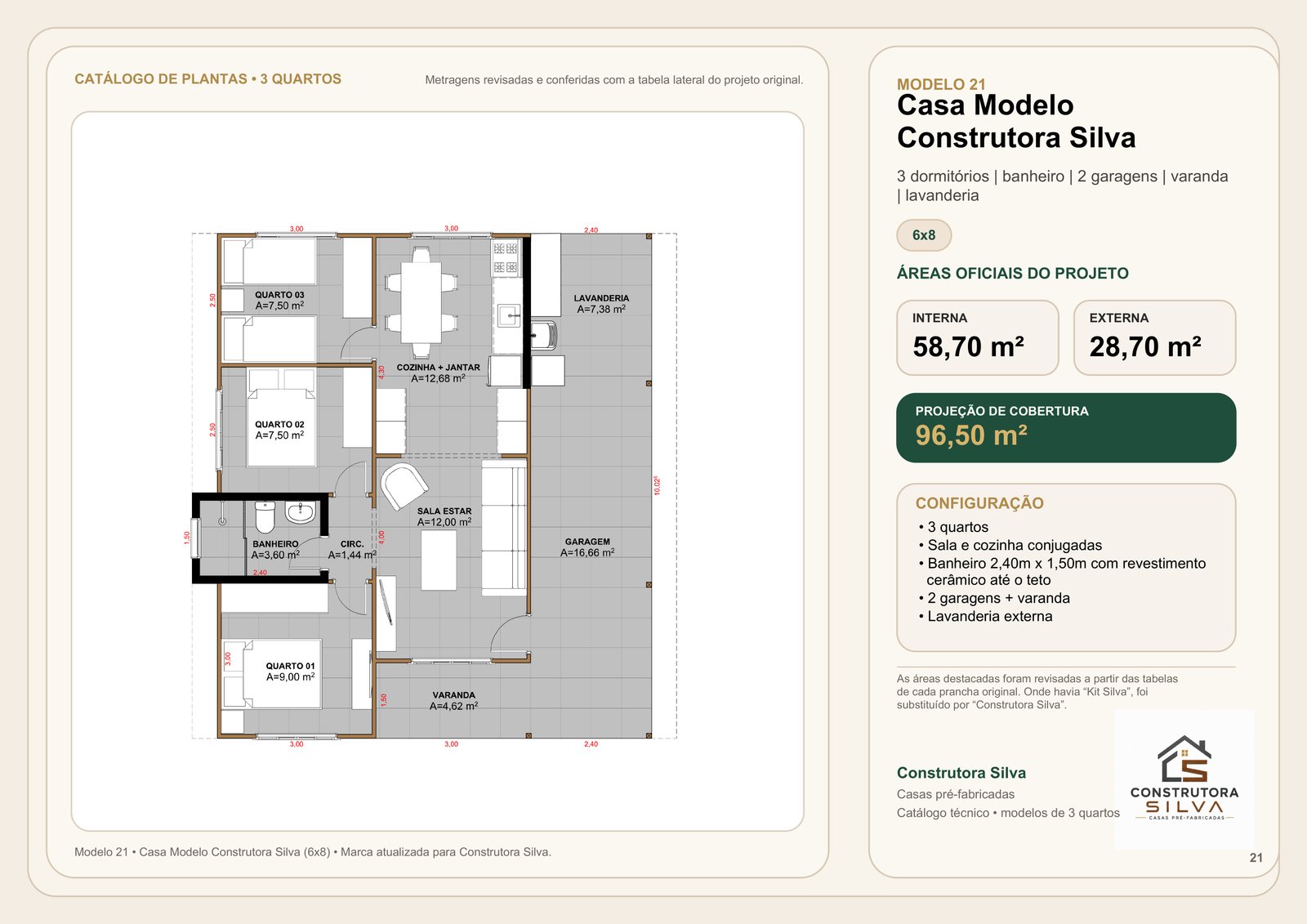 Casa com 3 Quartos, Modelo 21, 6 por 8