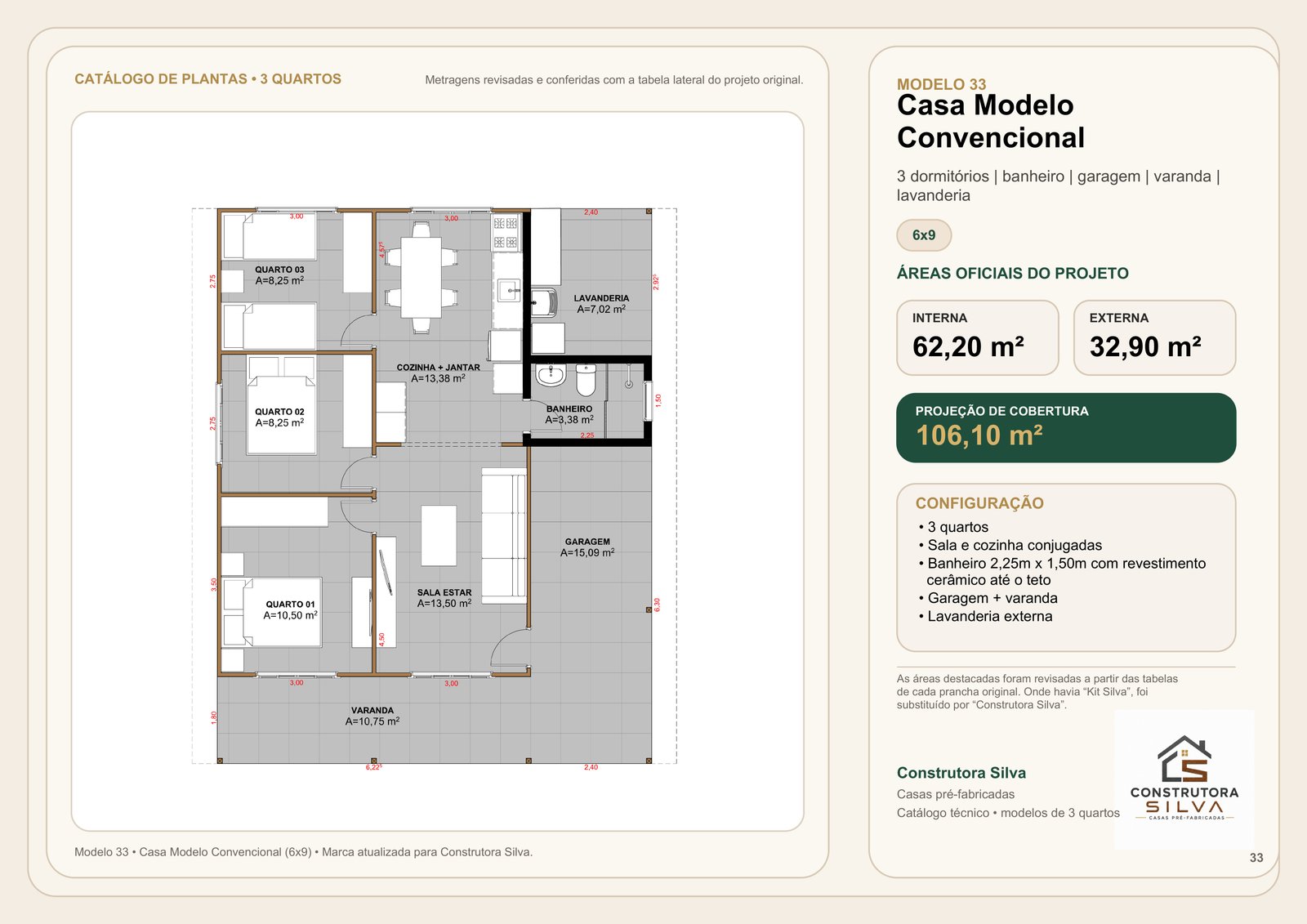 Casa com 3 Quartos, Modelo 33, 6 por 9