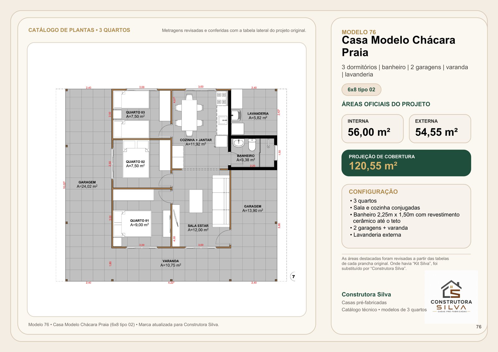 Casa com 3 Quartos, Modelo 76, 6 por 8